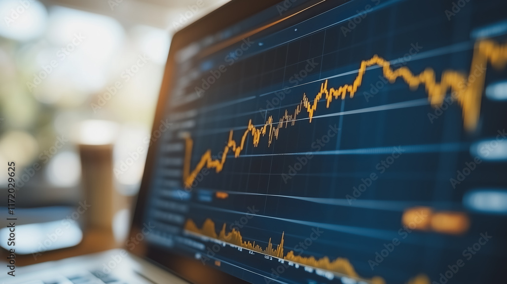 Laptop Screen Showing Stock Market Growth Graph 