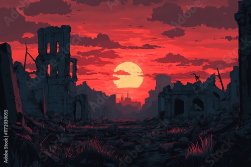 Red Sunset Over Ruined Cityscape A Post Apocalyptic Scene photo