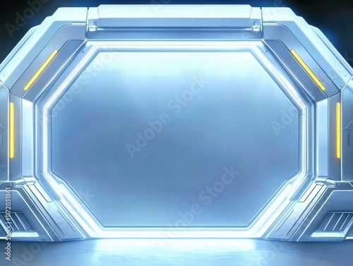 A futuristic, illuminated portal design with a sleek octagonal frame.