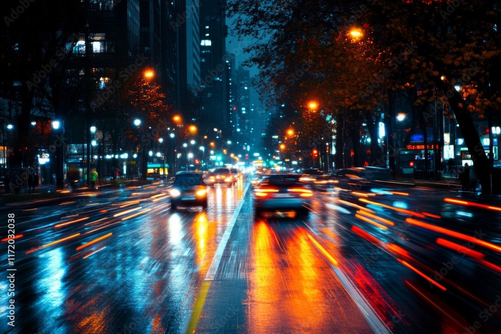 Urban street at night with glowing car lights and reflections Urban street at night with glowing car lights and reflections