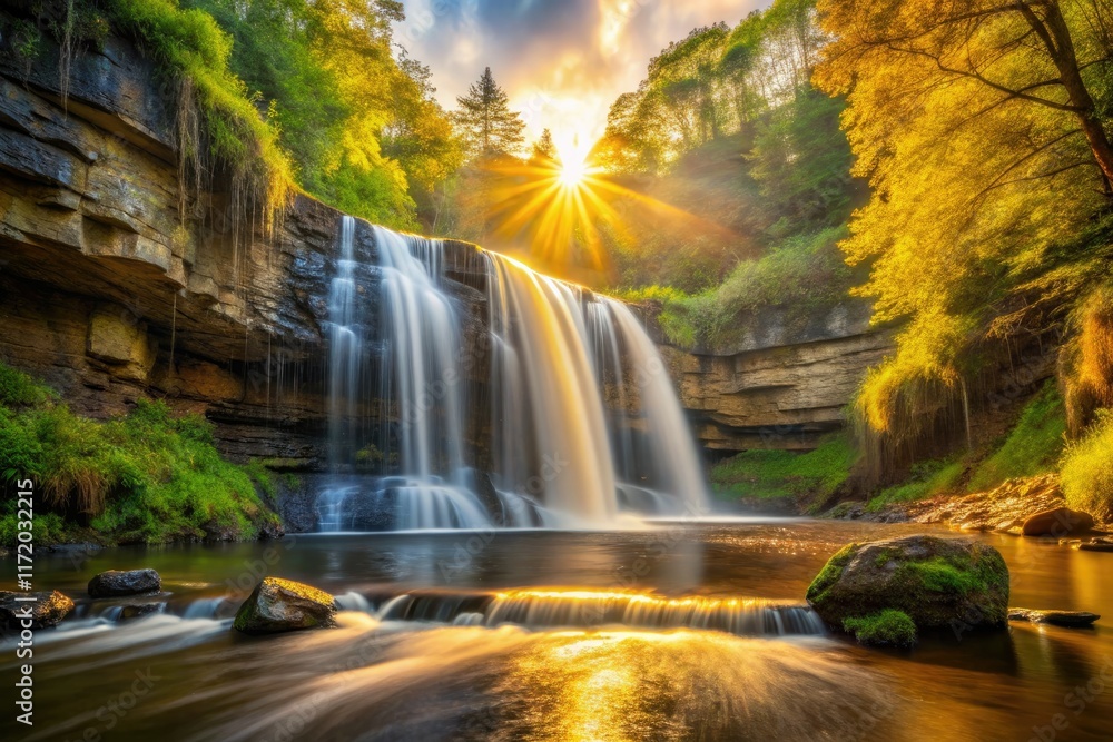 Obraz premium Killen Falls: Minimalist sunrise. Golden hour paints breathtaking waterfall landscape.