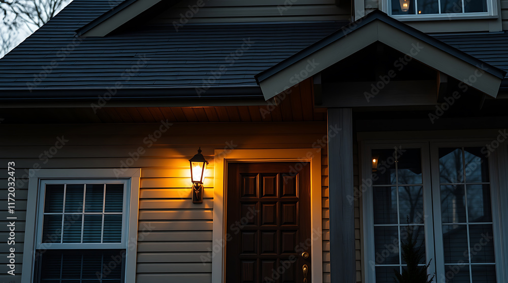 Nighttime view of a house's exterior.  Features a dark brown door, lit exterior wall lamp, and several windows. The house siding is light beige.
