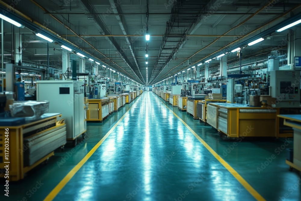Symmetrical industrial hallway with glowing light Symmetrical industrial hallway with glowing light