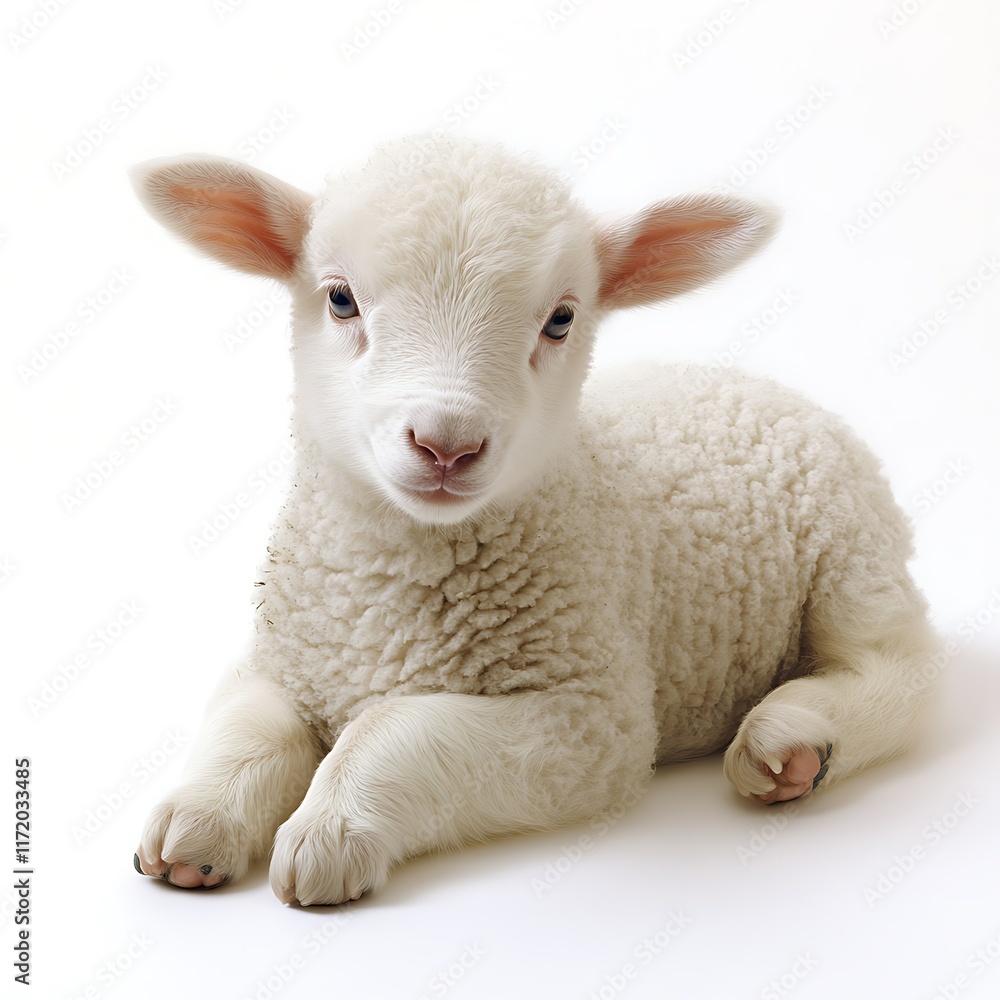 Adorable lamb lying, white background, spring farm. Adorable lamb lying, white background, spring farm.