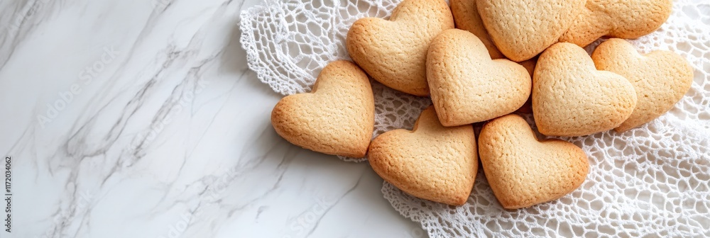 A top view of heart-shaped cookies arranged on a lace napkin A top view of heart-shaped cookies arranged on a lace napkin