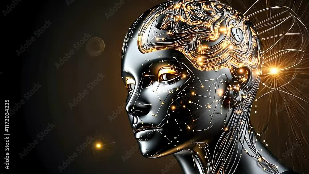 Futuristic metallic female head profile with glowing neural pathways and sparks on dark background. Futuristic metallic female head profile with glowing neural pathways and sparks on dark background.