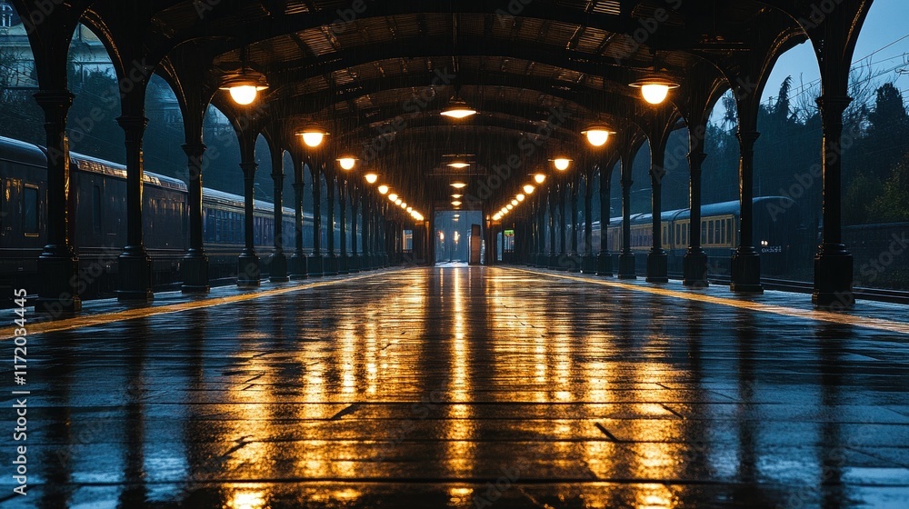 Evening rain at train station platform urban location photography wet environment low angle view tranquil atmosphere Evening rain at train station platform urban location photography wet environment low angle view tranquil atmosphere