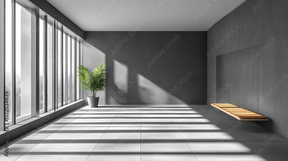 Fototapeta premium Sunlit minimalist gray room with bench.