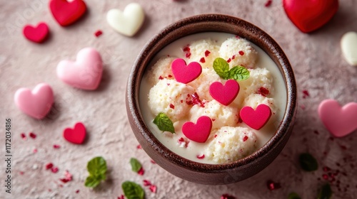 Wallpaper Mural A delightful bowl of rice pudding adorned with heart shapes, set elegantly on a table, perfect for a romantic Valentine's Day celebration. Torontodigital.ca