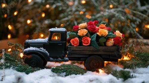 Romantic black toy truck loaded with colorful roses on a snowy surface, surrounded by glowing lights and evergreen branches. photo