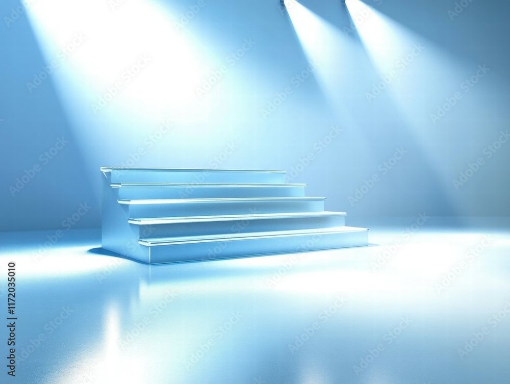 Obraz premium A minimalist stage with illuminated steps in a blue-toned environment.