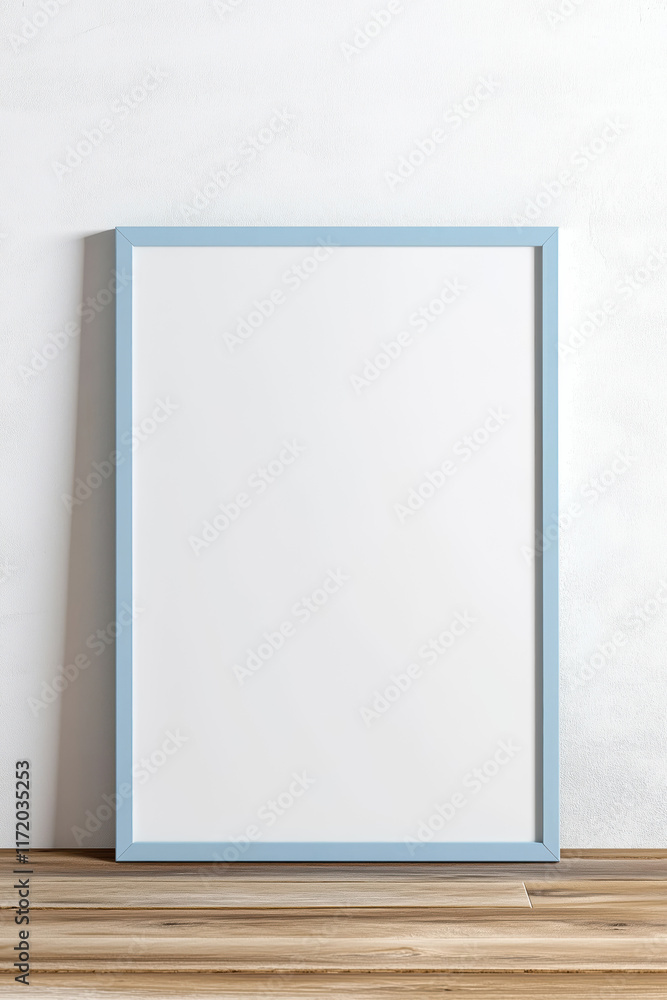 Pastel blue mockup poster frame on the wooden floor by the wall Pastel blue mockup poster frame on the wooden floor by the wall
