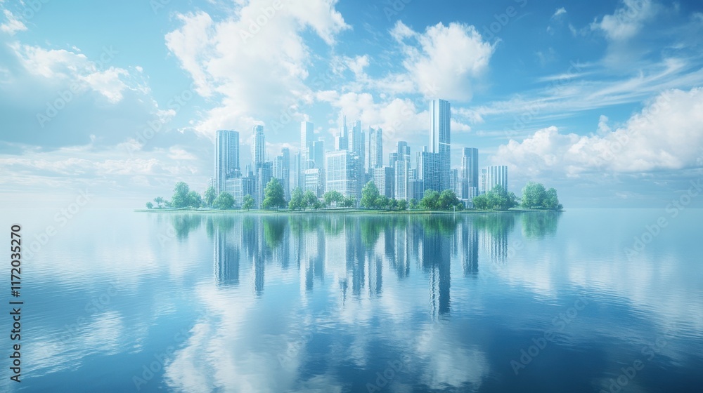 Fototapeta premium Urban reflections a modern cityscape by the water digital art serene environment high angle view futuristic concept
