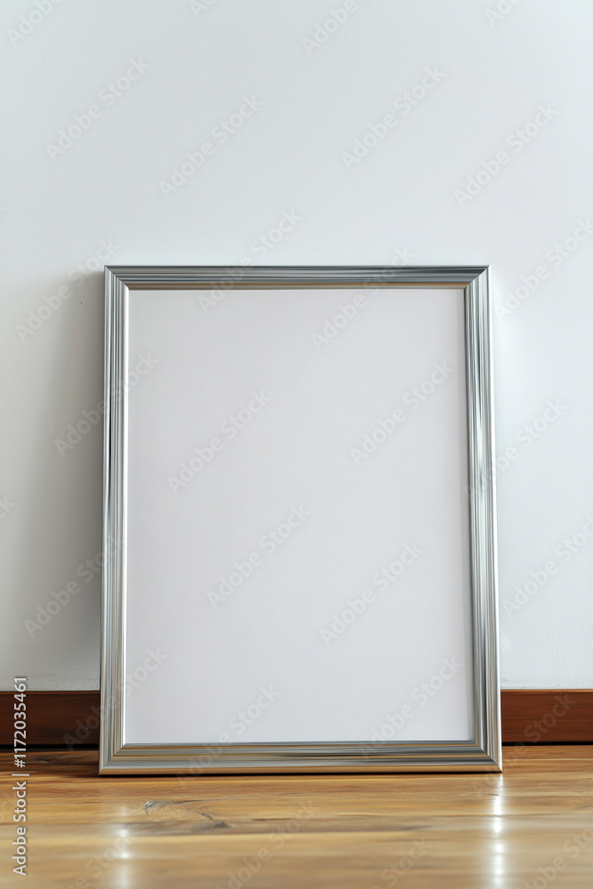 Silver mock up poster frame on the wooden floor by the wall Silver mock up poster frame on the wooden floor by the wall