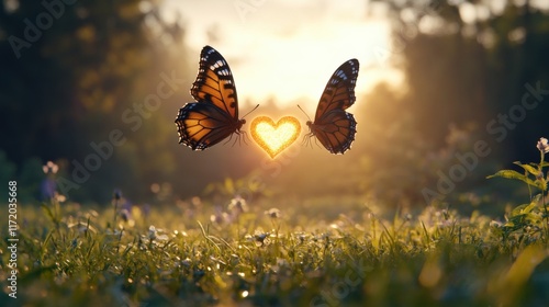 Two butterflies creating a glowing heart mid-flight in a sunny meadow