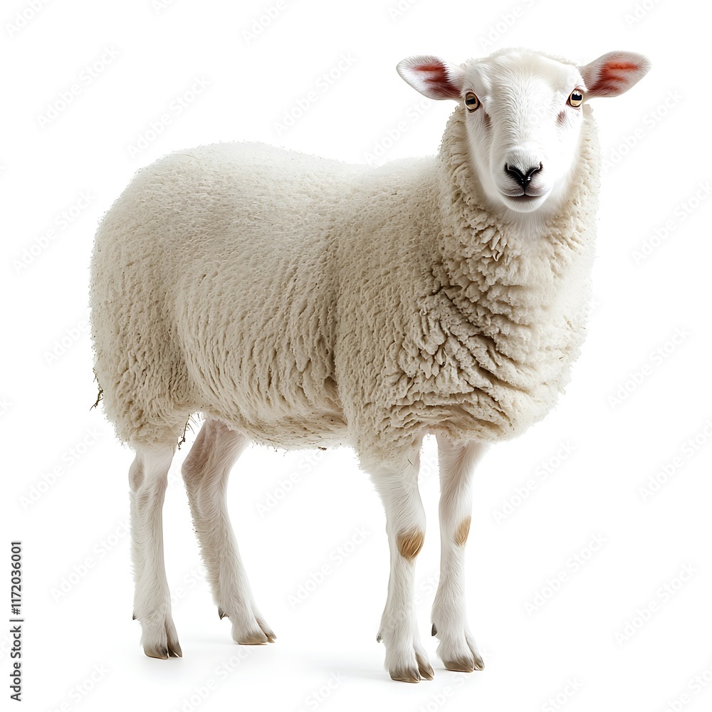 Fototapeta premium Fluffy white sheep posing, studio shot, pure white background, farm animal image.
