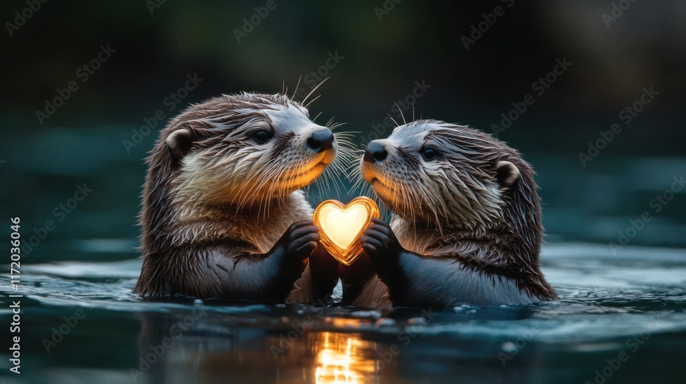 Two otters holding a glowing heart-shaped shell together while floating on water Two otters holding a glowing heart-shaped shell together while floating on water