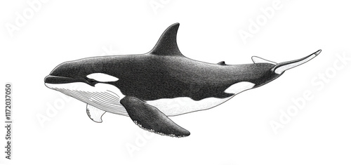 simple line art illustration of killer whale, showcasing its distinct black and white pattern and sleek body. orca is depicted in dynamic pose, highlighting its grace and power