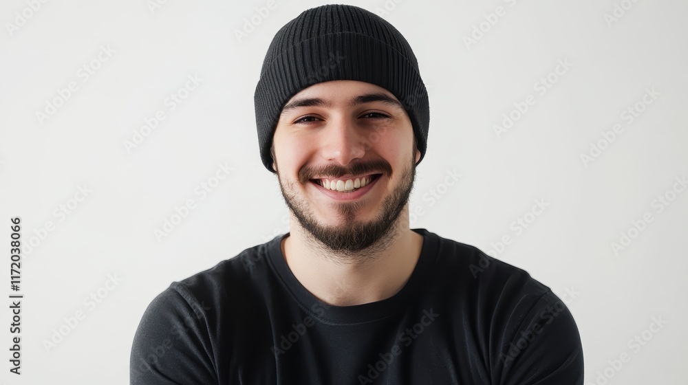 Man wearing blank black beanie hat mockup on white background Man wearing blank black beanie hat mockup on white background