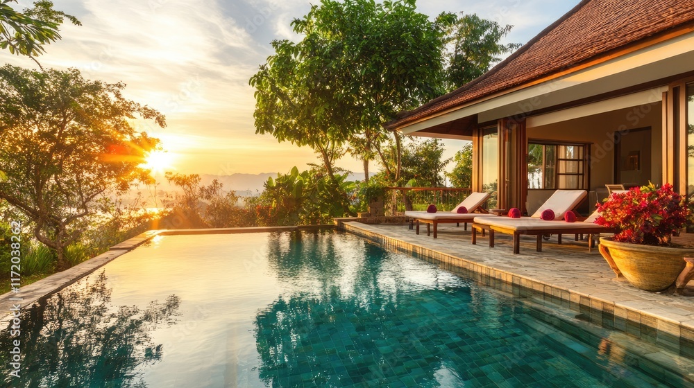 Tropical villa terrace with a stunning pool, sunrise casting a golden glow, and festive red decorations Tropical villa terrace with a stunning pool, sunrise casting a golden glow, and festive red decorations