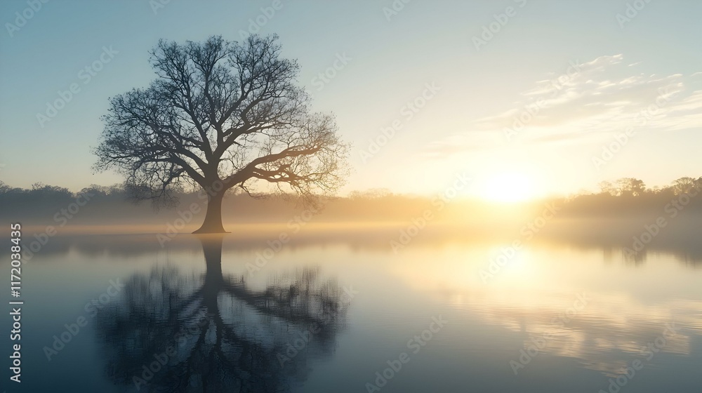 Serene Landscape with Lone Tree and Reflective Water at Sunrise Serene Landscape with Lone Tree and Reflective Water at Sunrise