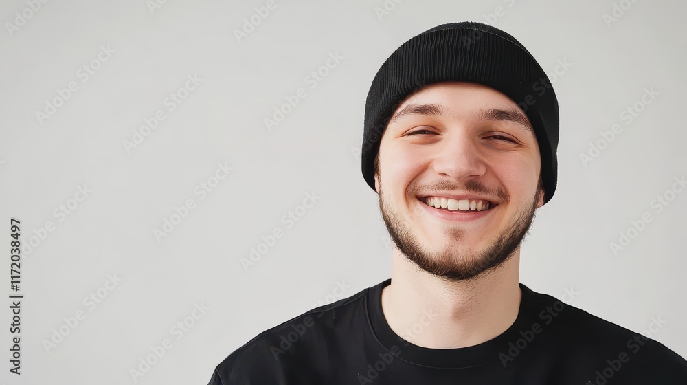 Man wearing blank black beanie hat mockup on white background Man wearing blank black beanie hat mockup on white background