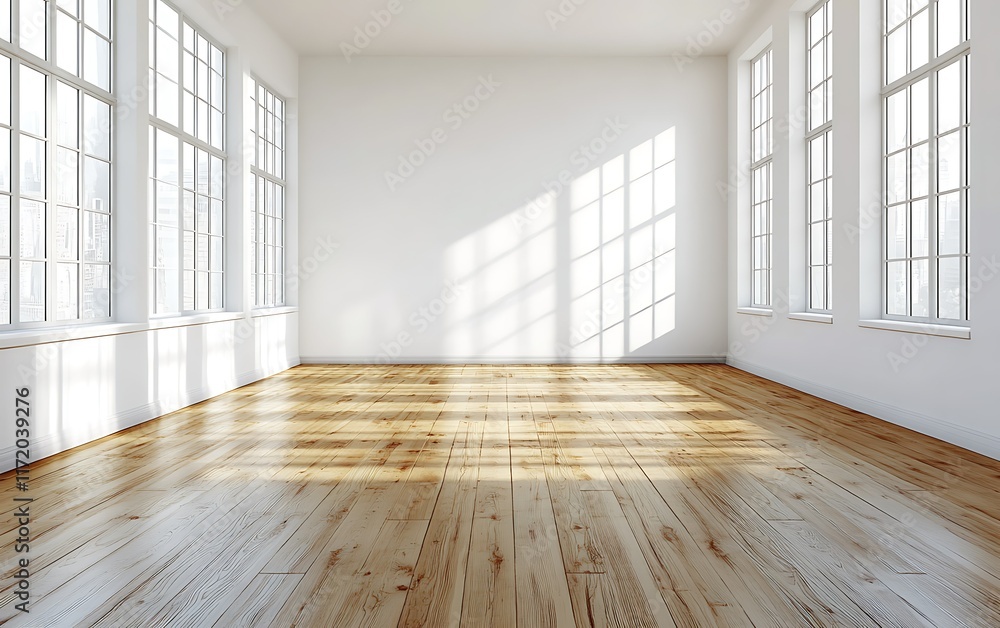 Obraz premium Sunlit empty room, hardwood floor, large windows, minimalist design, interior design.