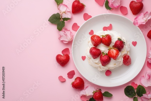 A white plate elegantly displays a delectable cake adorned with fresh strawberries, perfect for a romantic Valentine's Day celebration.