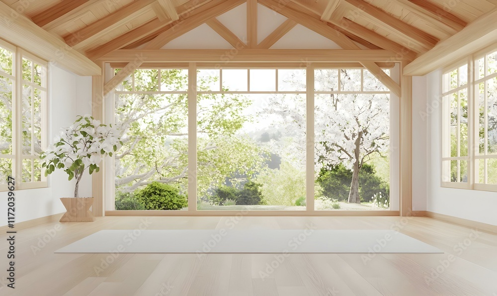 Fototapeta premium Peaceful Zen Room with Natural Light and Scenic Greenery View