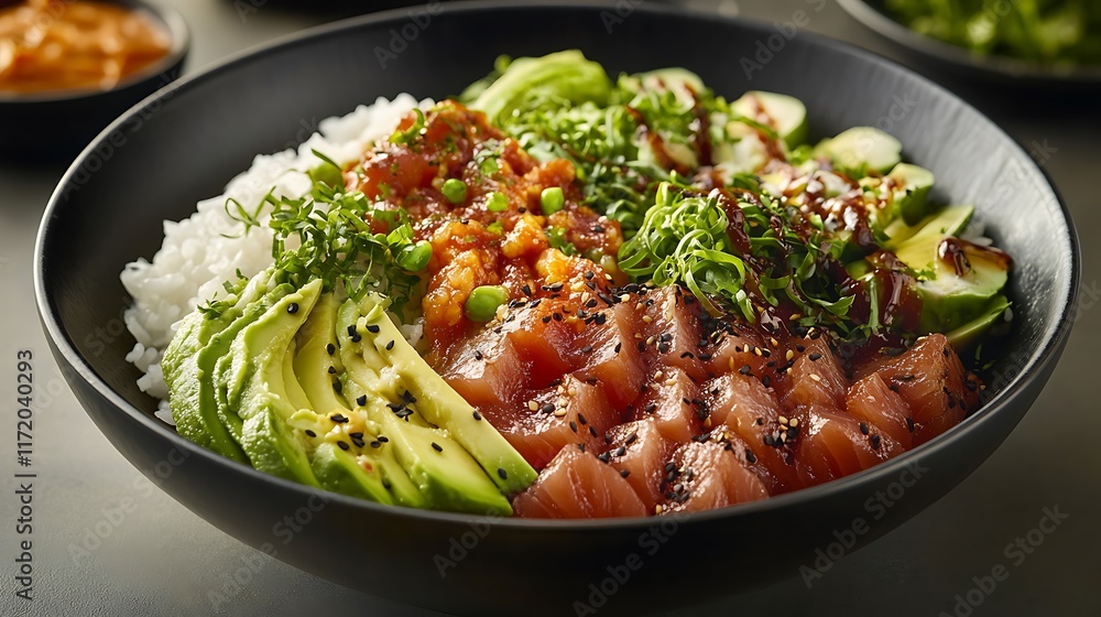 Delicious Tuna Poke Bowl With Rice Avocado And Sesame Seeds Delicious Tuna Poke Bowl With Rice Avocado And Sesame Seeds