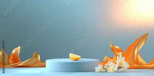 A serene display featuring a lemon slice on a pedestal with elegant drapery and flowers.