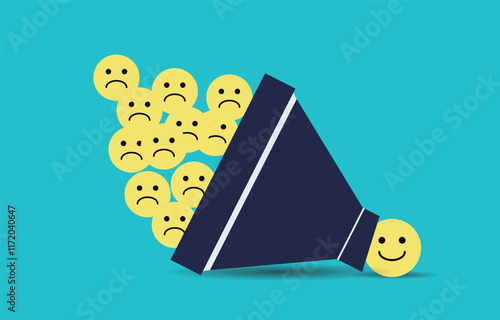  a bunch of sad emoticons through a funnel into happy emoticons