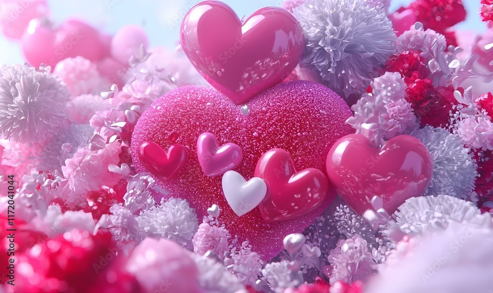 Fototapeta premium Romantic Heart Shapes Surrounded by Colorful Flowers and Decor