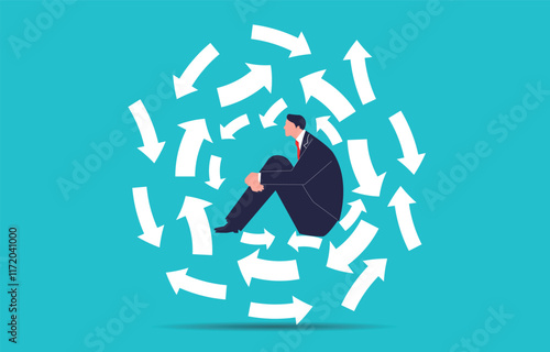 Businessman unable to make decisions, business or career decisions and choices, businessman surrounded by confusing arrow symbols