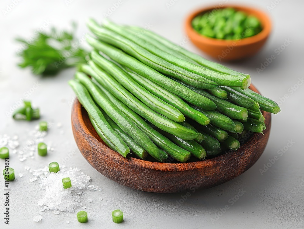 Fresh green beans and chopped scallions in wooden bowls on a light surface. Fresh green beans and chopped scallions in wooden bowls on a light surface.