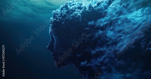 Submerged Digital Face: A Deep Blue Enigma photo