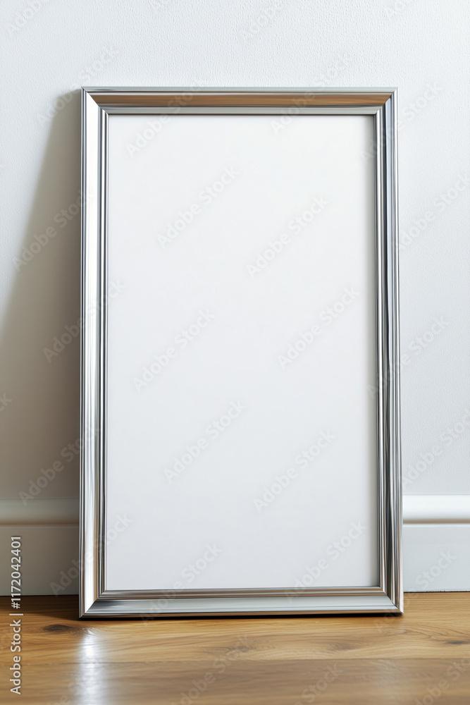 Silver mock up poster frame on the wooden floor by the wall Silver mock up poster frame on the wooden floor by the wall