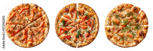Set of isolated three whole smoked salmon pizza on transparent background in top view.