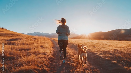 Woman Jogging With Dog At Sunset In Mountains