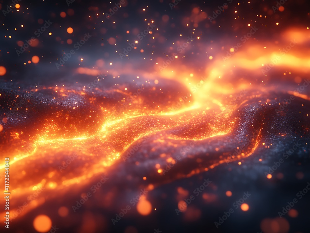 Fototapeta premium Glowing hot lava flows on dark surface.