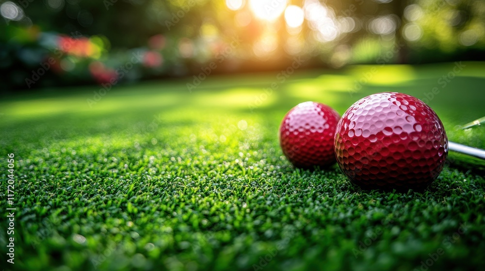 Naklejka premium Two red golf balls on a putting green. Sunny, outdoor scene.