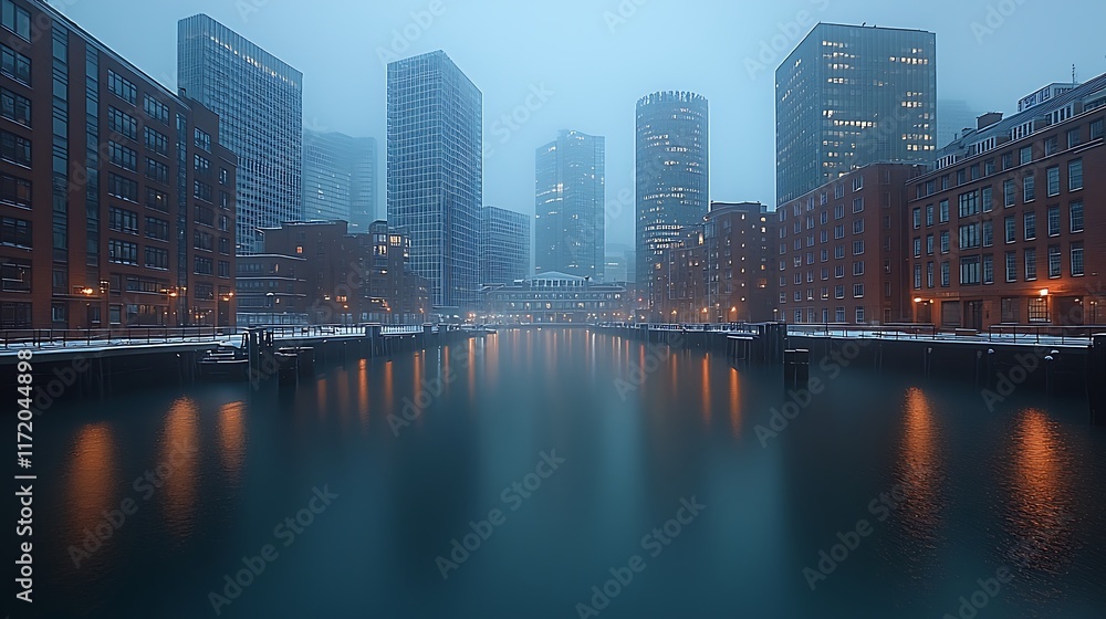 Cityscape at dawn, snow-covered buildings reflected in calm water, fog. Cityscape at dawn, snow-covered buildings reflected in calm water, fog.