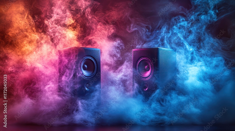 Naklejka premium Two speakers in a smoky, vibrant neon lighting studio setting.
