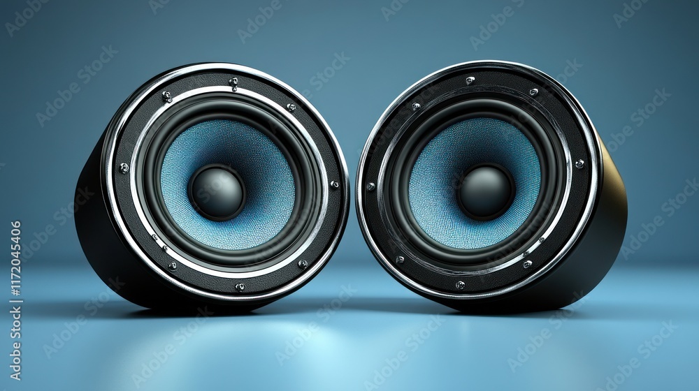 Two studio-quality speakers facing forward on a blue background. Two studio-quality speakers facing forward on a blue background.