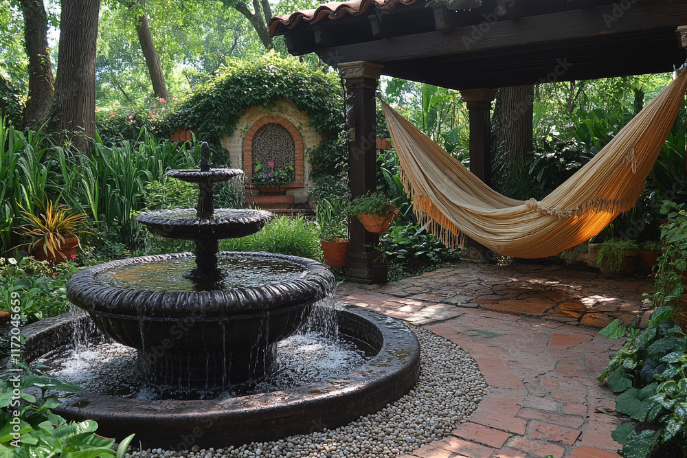 Serene Garden Oasis with Fountain and Hammock Serene Garden Oasis with Fountain and Hammock
