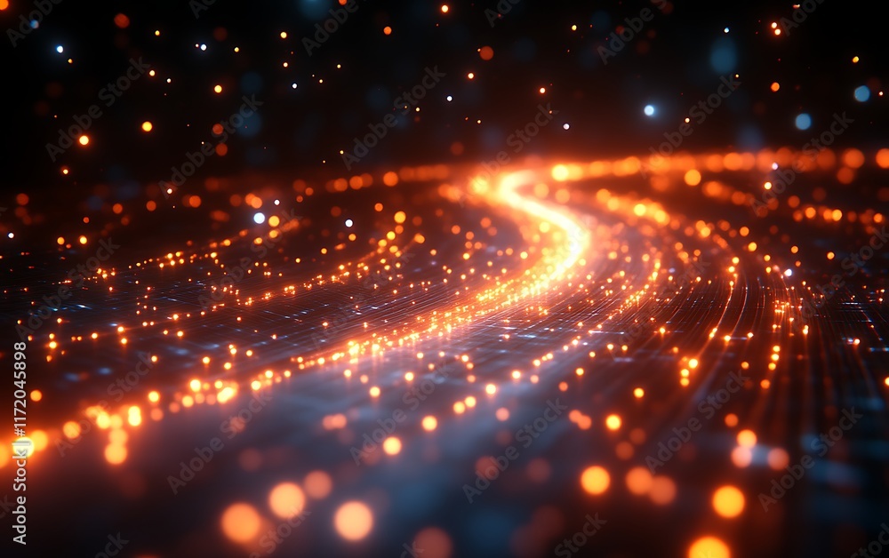 Obraz premium Glowing particles form a swirling path.