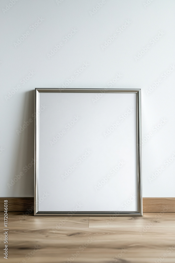 Silver mock up poster frame on the wooden floor by the wall Silver mock up poster frame on the wooden floor by the wall