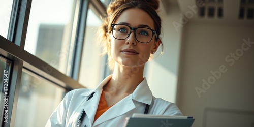 A confident female doctor stands by a large window, holding a clipboard and gazing thoughtfully. She embodies the resilience and commitment of women in medicine today