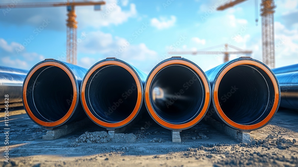 Construction Site with Large Pipes and Cranes Construction Site with Large Pipes and Cranes