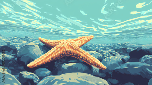Orange starfish on rocky seabed in shallow water. Tidepool. Illustration
